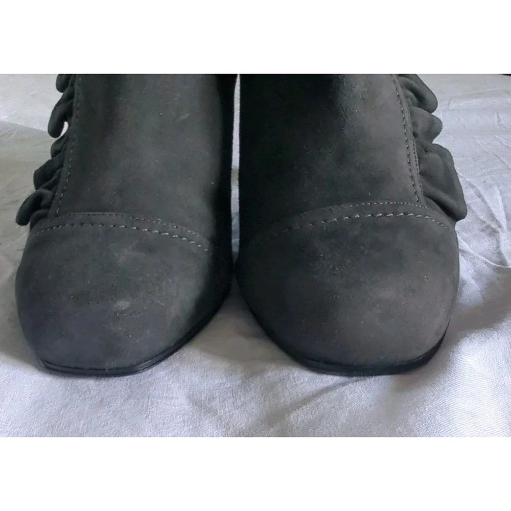 Nanette Lepore‎ French Maid Booties Charcoal Women's 7 Ruffle Coquette Suede NIB